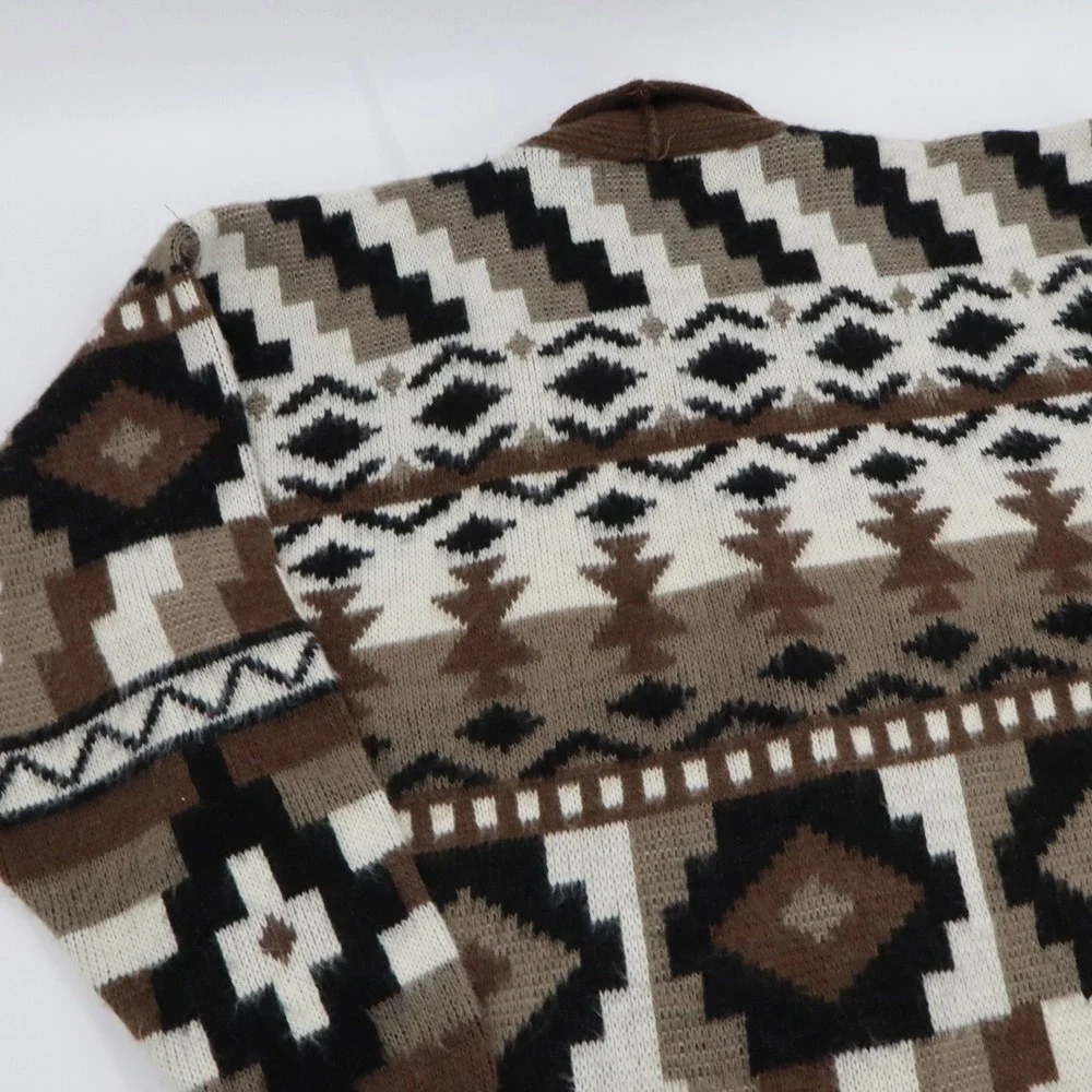 Yarnworks Cardigan Sweater Womens Medium Brown Southwestern Geometric Shawl Open